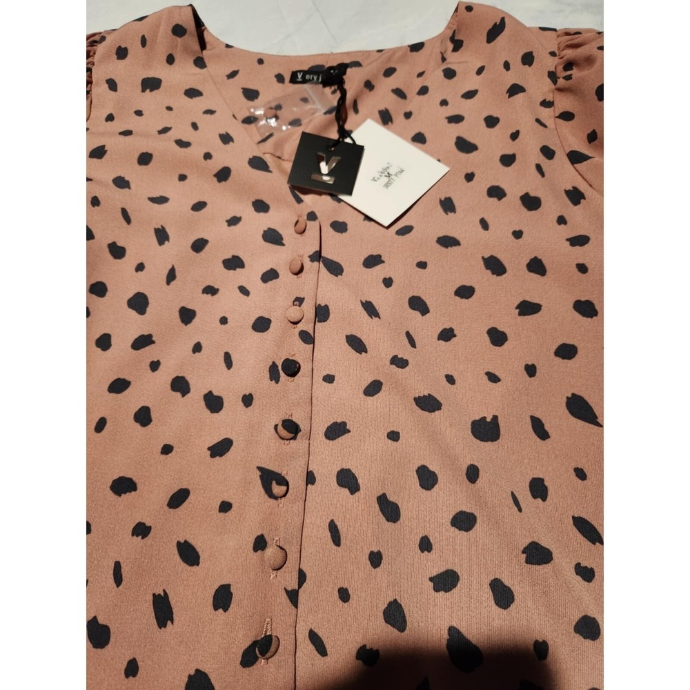 Very J Dusty Pink Black Polka Dot Puff Sleeve V-Neck Button Front Blouse VT14598
